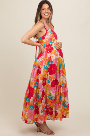 Coral Multi-Color Floral Tiered Cutout Back Maternity Dress