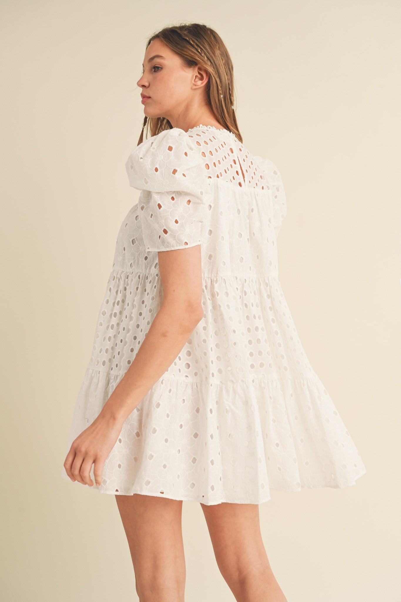 White Floral Eyelet Puff Sleeve Mini Dress PinkBlush White Floral Eyelet Puff Sleeve Mini Dress PinkBlush