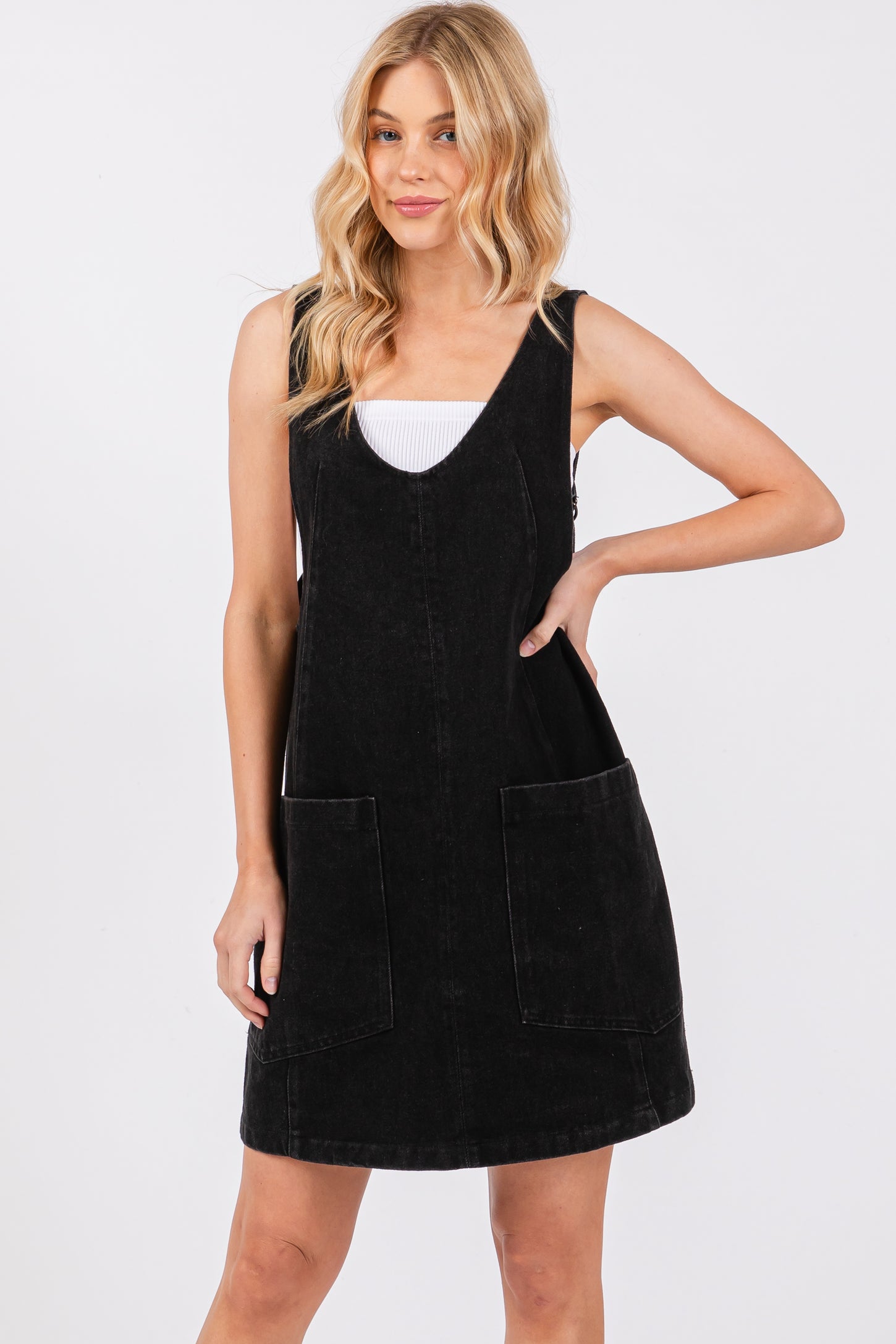 Black Denim Side Pocket Overall Maternity Dress