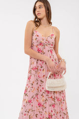 Pink Floral Sleeveless Pleated Midi Dress