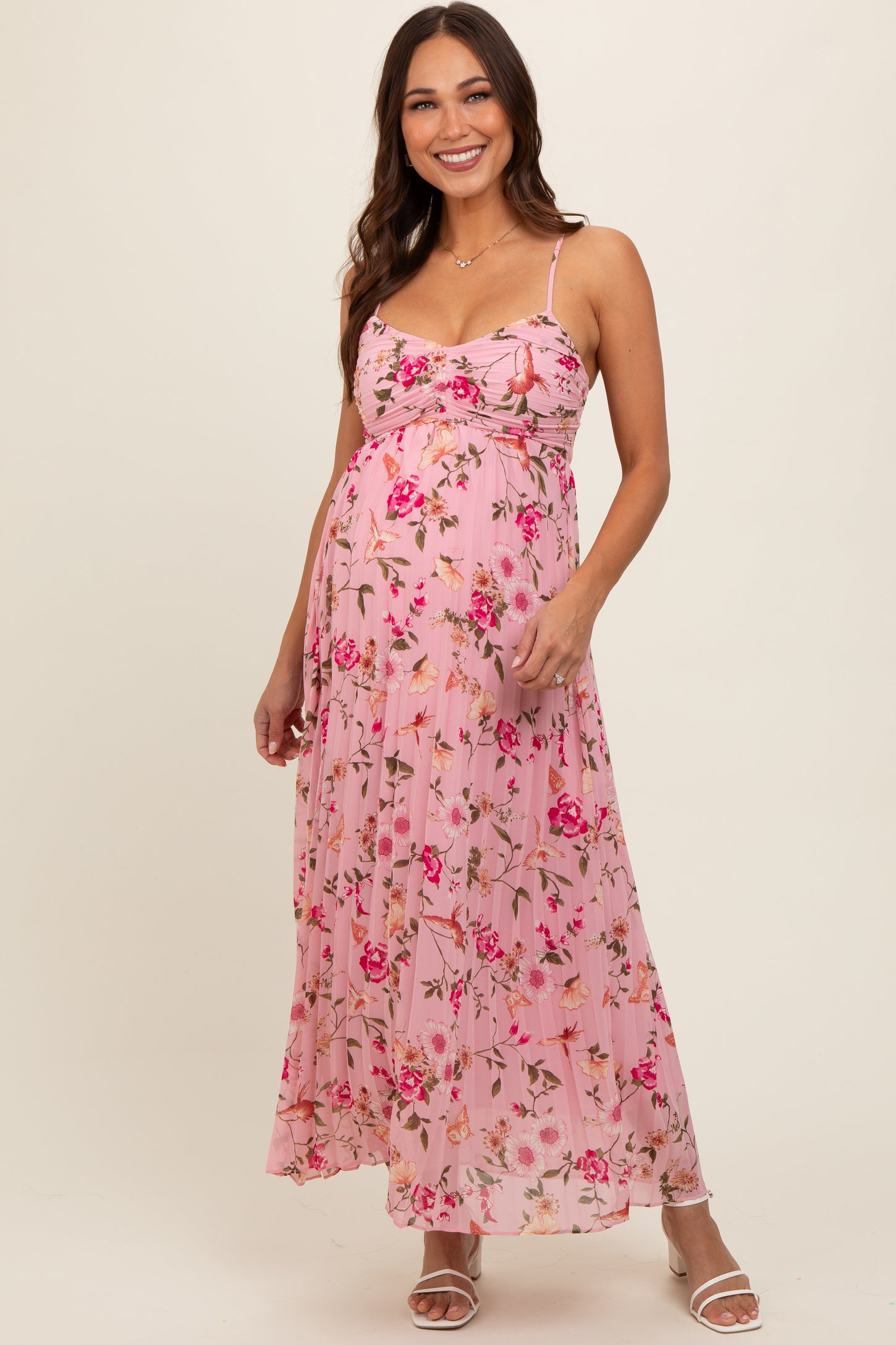 pink floral dress maternity Angel Maternity Isabella Floral Pink Maternity & Nursing Flowy Dress