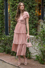 Pink Pleated Tiered Midi Dress