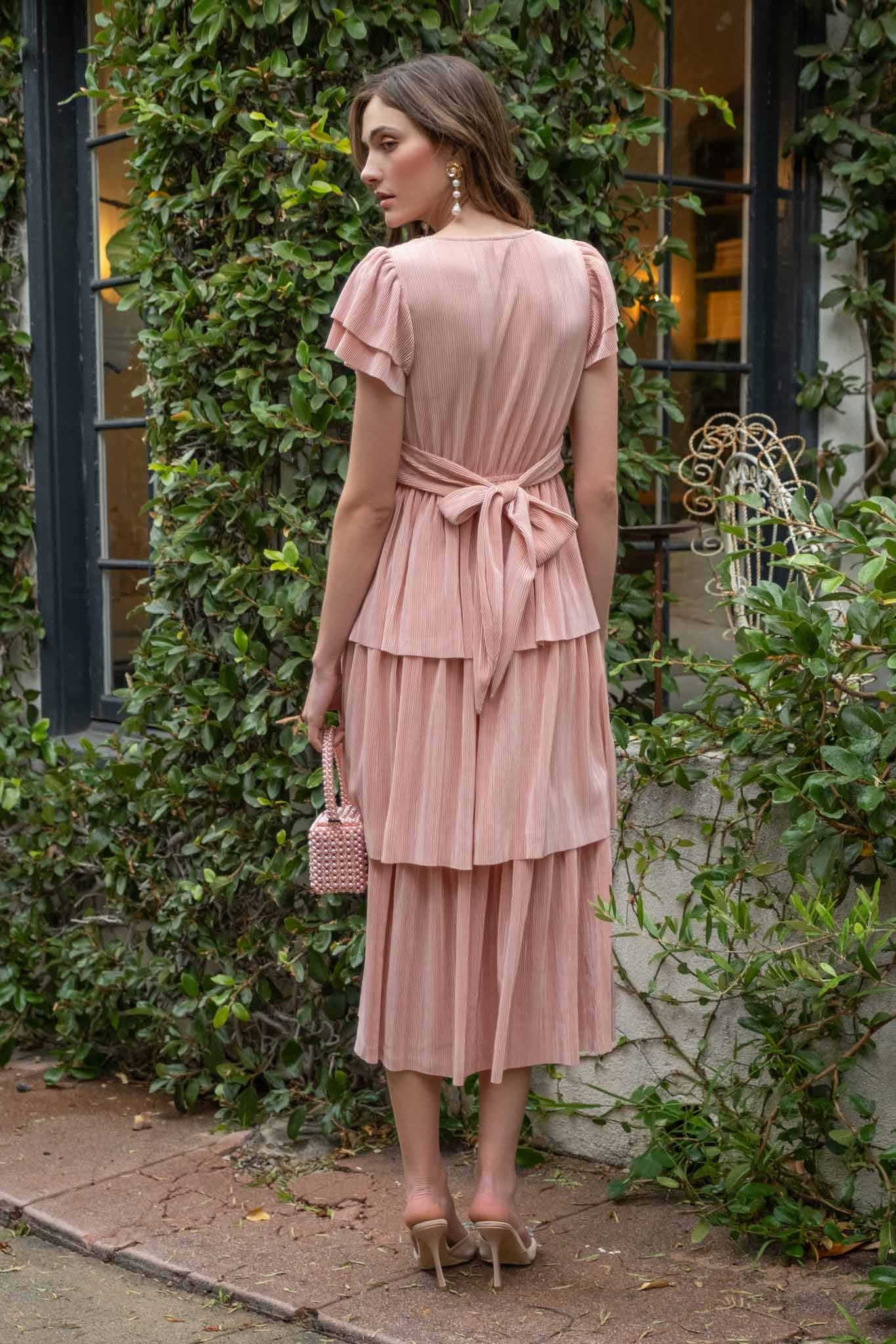 Pink Pleated Tiered Midi Dress PinkBlush Pink Pleated Tiered Midi Dress PinkBlush