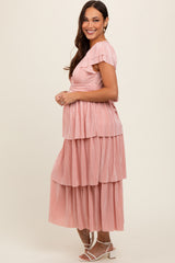 Pink Pleated Tiered Maternity Midi Dress