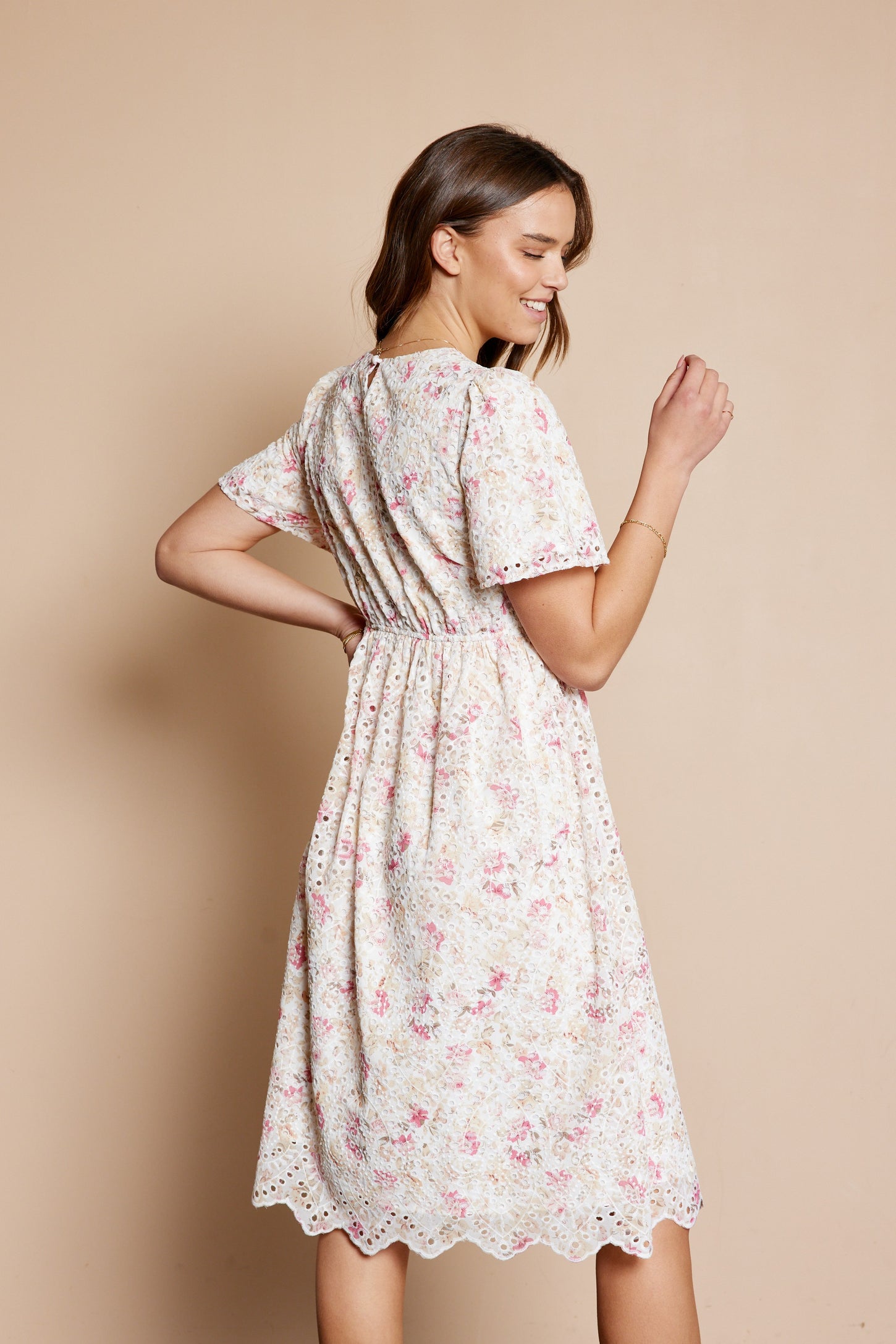Ivory Floral Embroidered Eyelet Midi Dress PinkBlush Ivory Floral Embroidered Eyelet Midi Dress PinkBlush