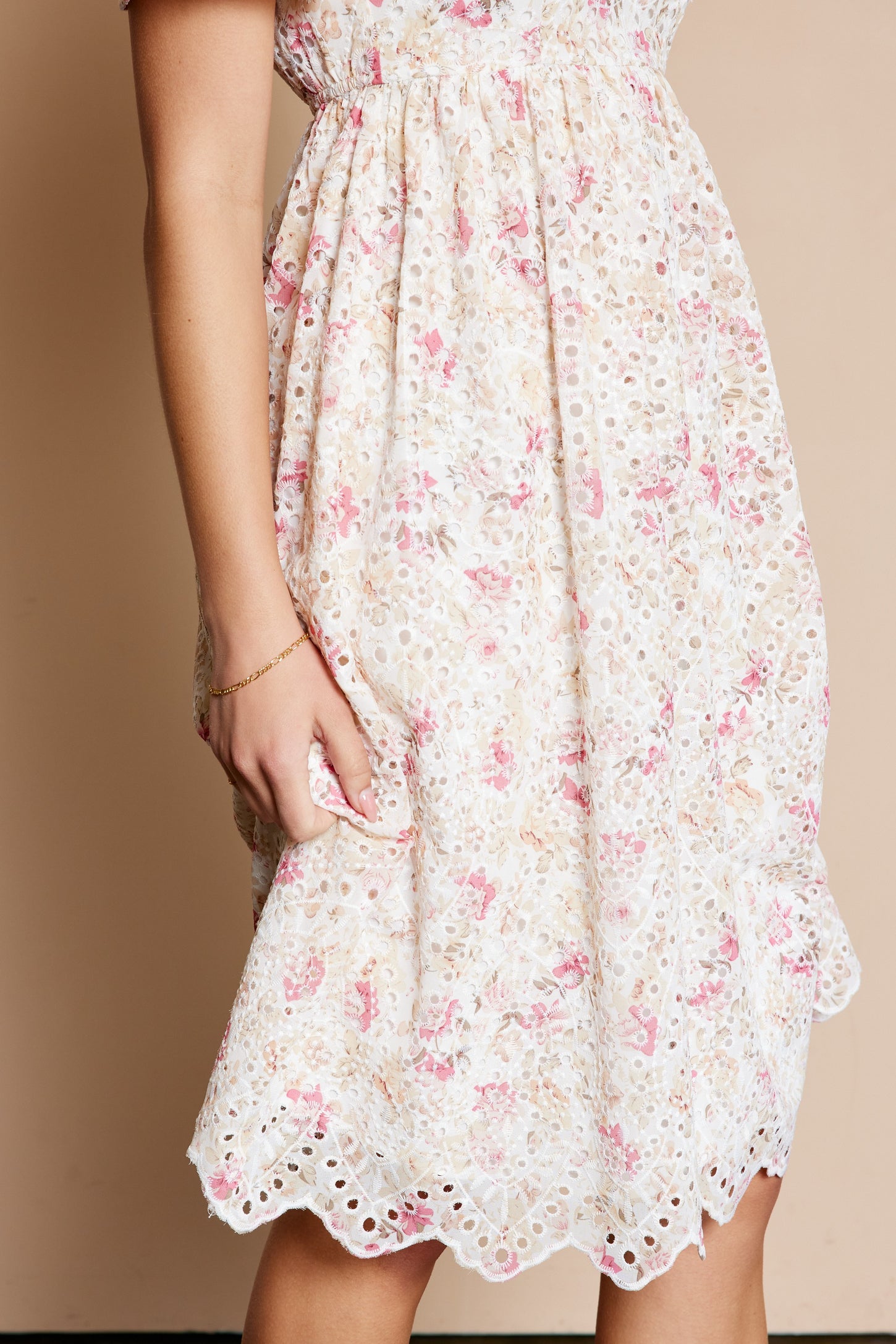 Ivory Floral Embroidered Eyelet Midi Dress Ivory Floral Embroidered Eyelet Midi Dress