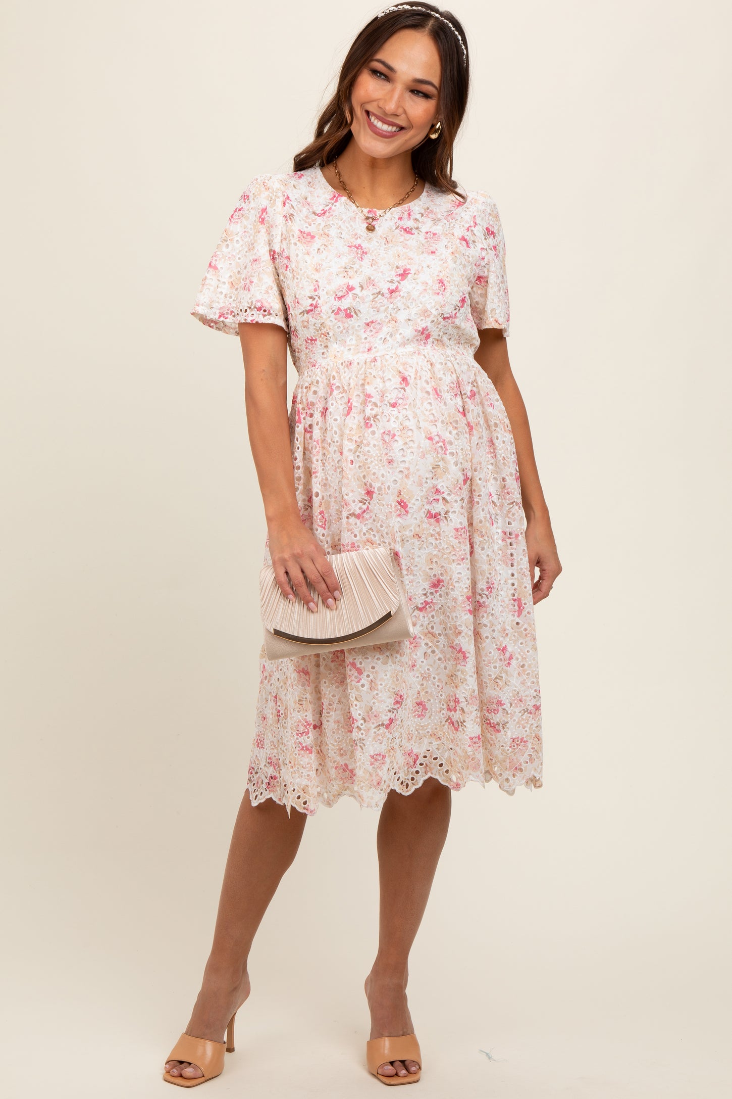 ivory floral embroidered maternity midi dress Ivory Floral Embroidered Midi Dress PinkBlush