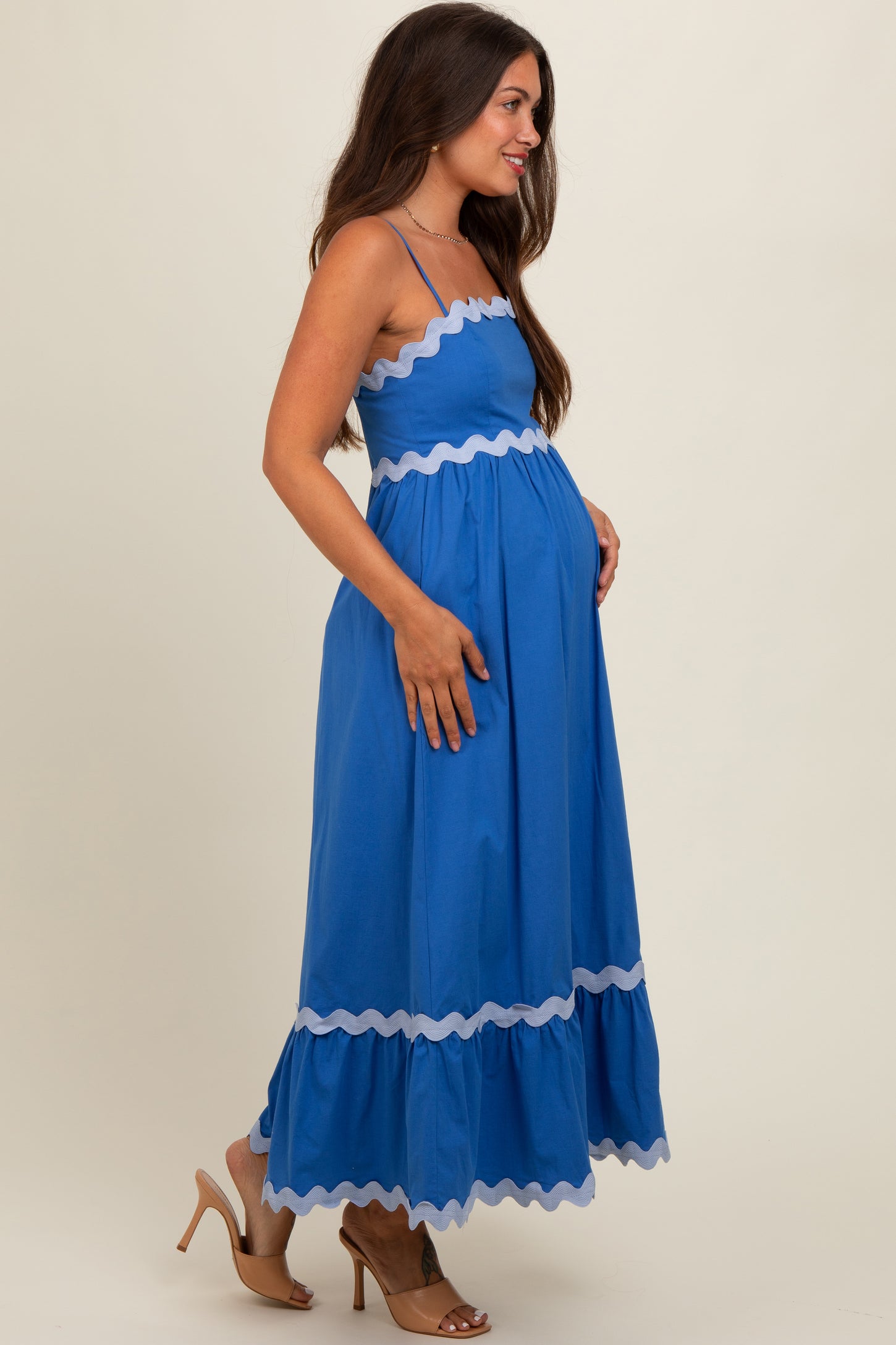 Royal Blue Contrast Wavy Trim Maternity Maxi Dress PinkBlush Royal Blue Contrast Wavy Trim Maternity Maxi Dress PinkBlush