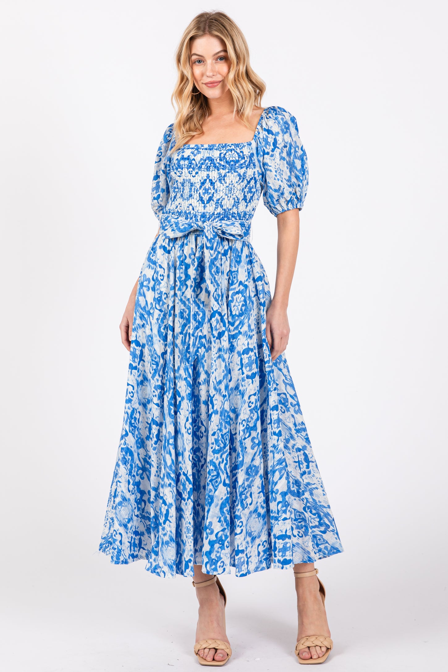 Blue Floral Smocked Short Puff Sleeve Maternity Midi Dress