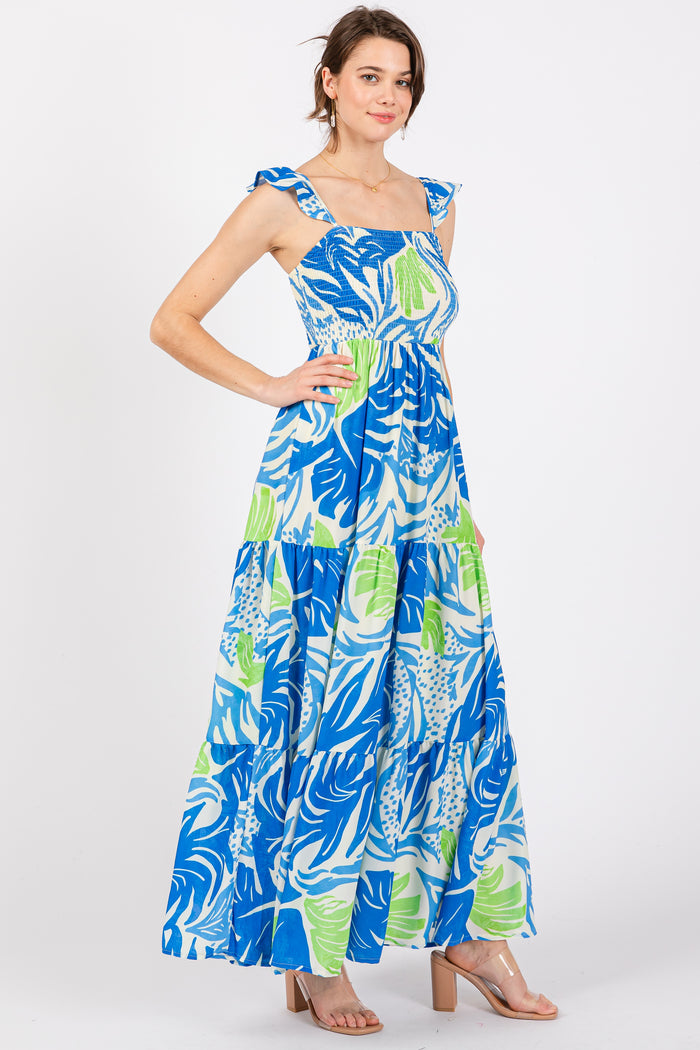 Blue Leaf Print Smocked Maxi Dress