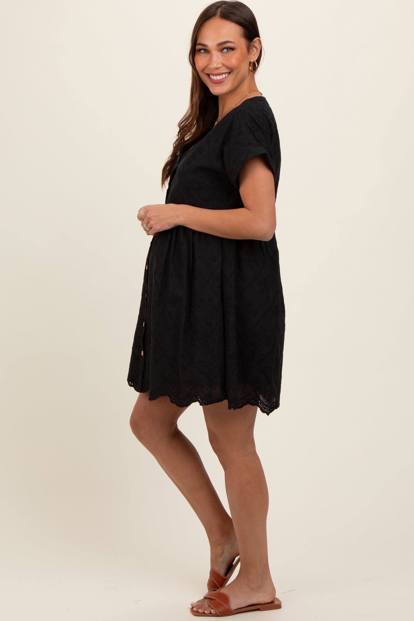 Black Eyelet Button Front Short Sleeve Maternity Dress