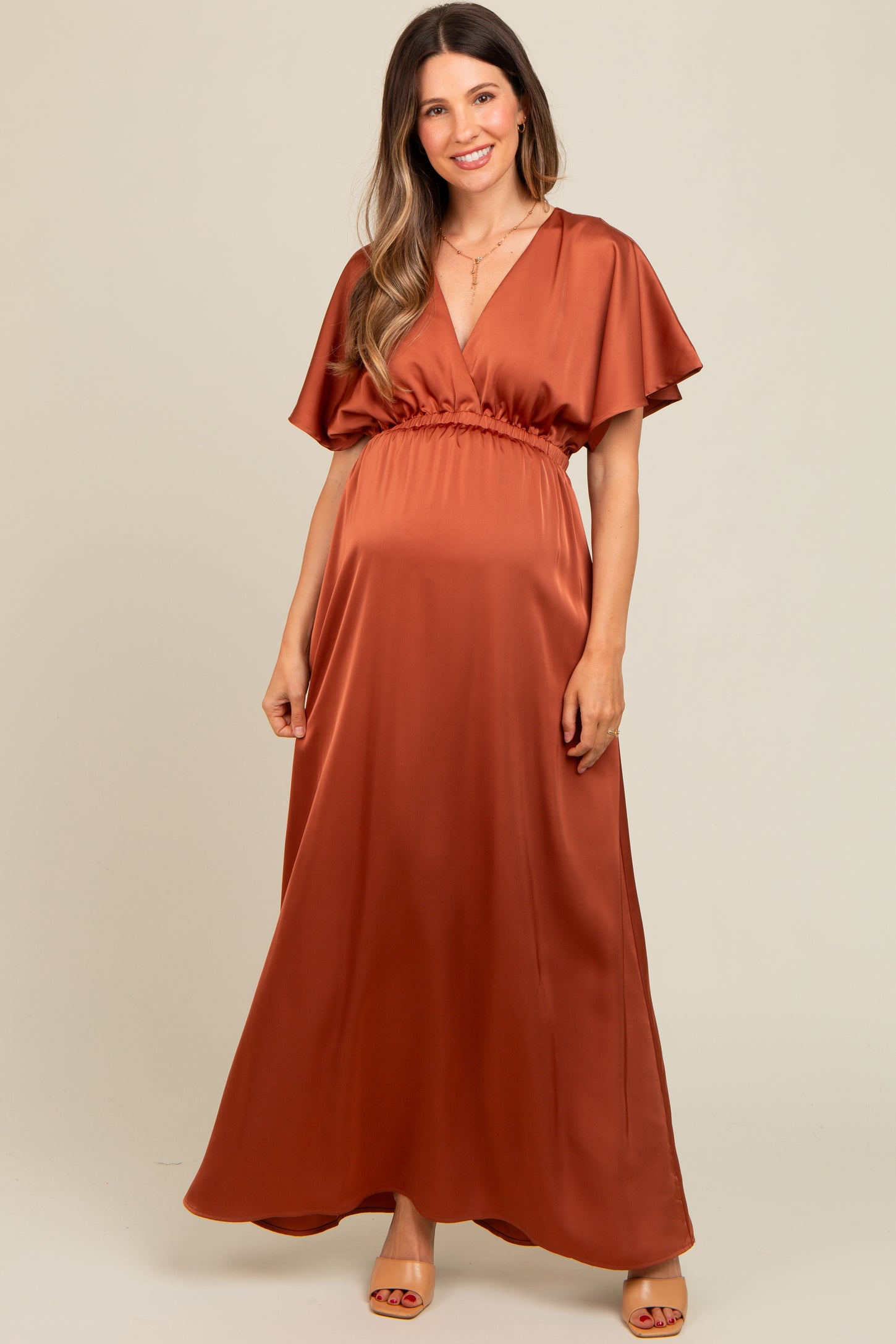 Rust Satin V-Neck Flutter Short Sleeve Maternity Maxi Dress PinkBlush Rust Satin V-Neck Flutter Short Sleeve Maternity Maxi Dress PinkBlush