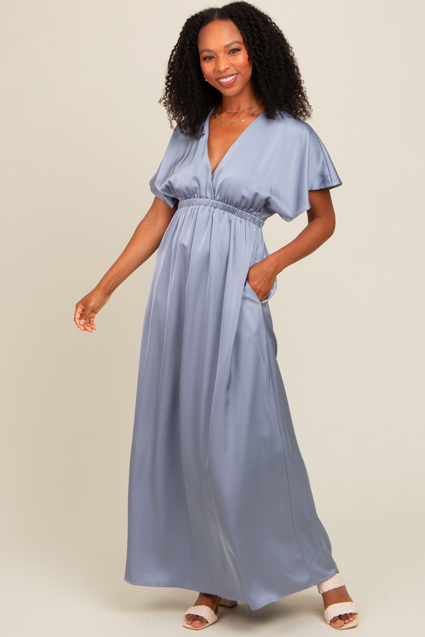 Grey Satin V-Neck Flutter Short Sleeve Maternity Maxi Dress Grey Satin V-Neck Flutter Short Sleeve Maternity Maxi Dress