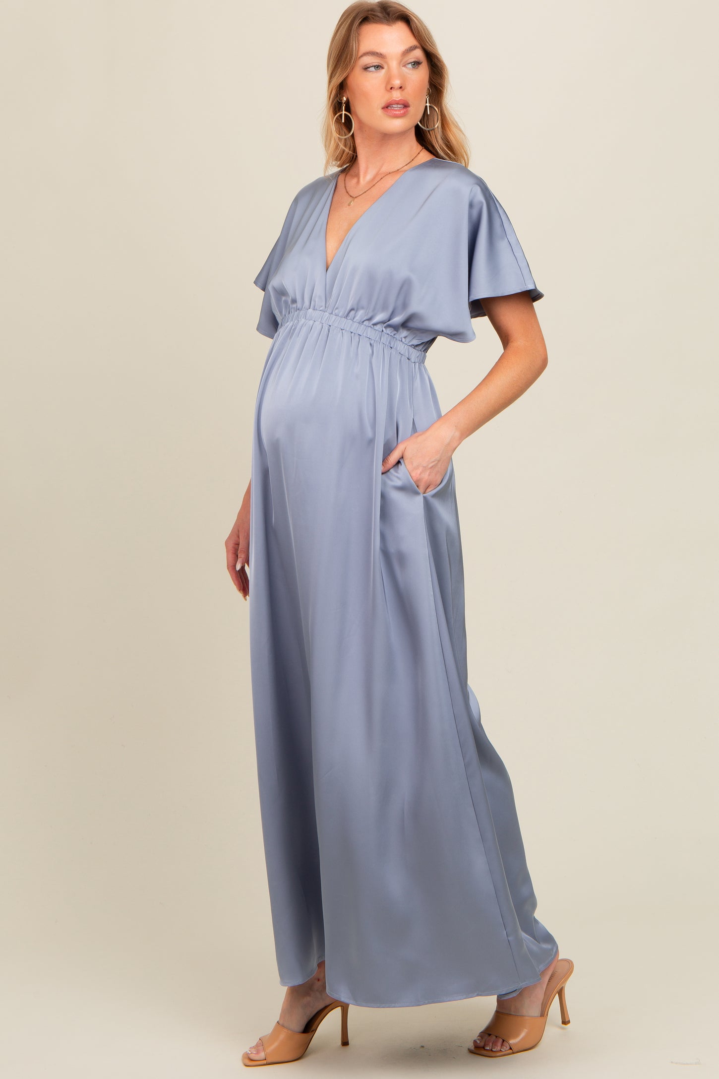 Grey Satin V-Neck Flutter Short Sleeve Maternity Maxi Dress Grey Satin V-Neck Flutter Short Sleeve Maternity Maxi Dress