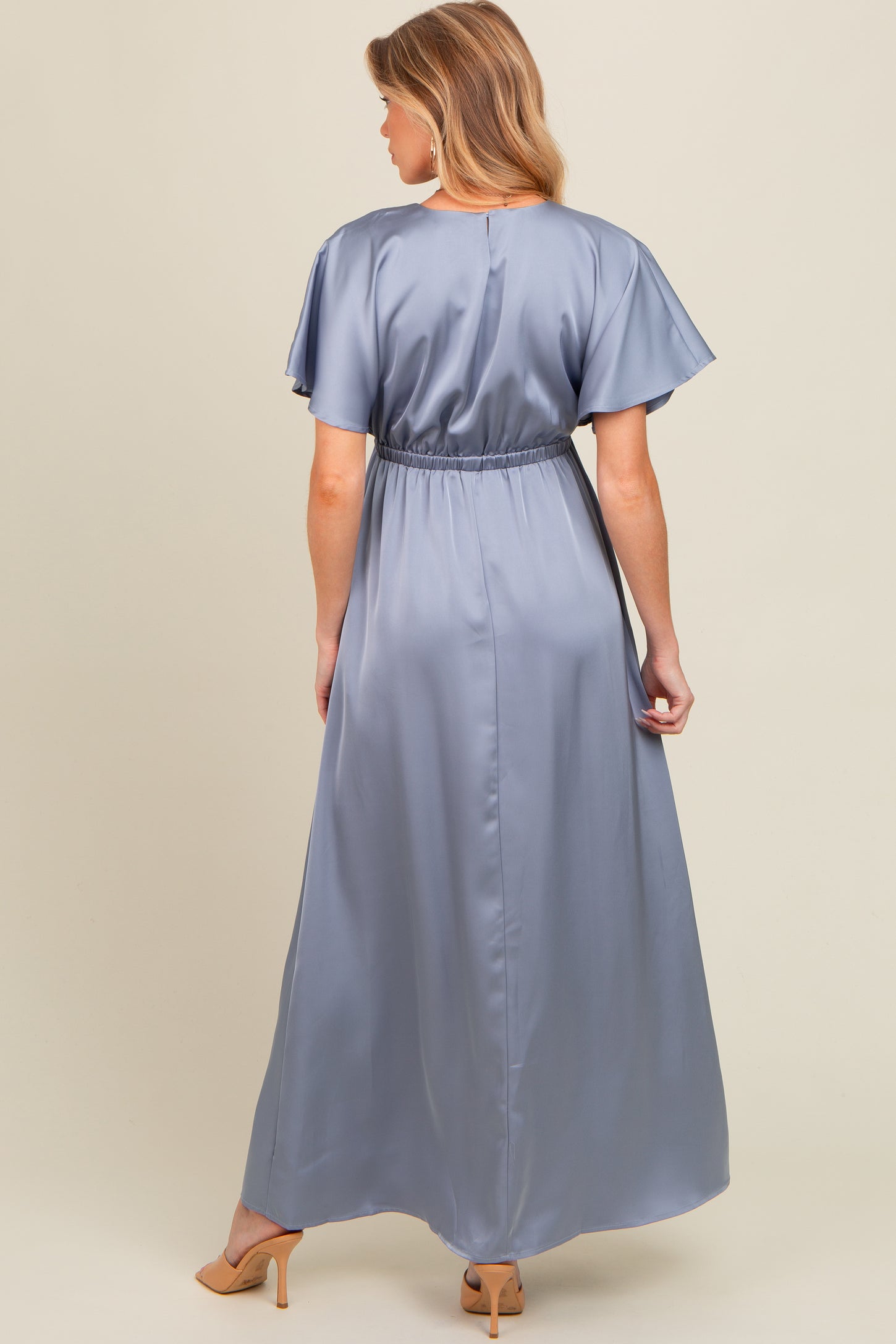 Grey Satin V-Neck Flutter Short Sleeve Maternity Maxi Dress PinkBlush Grey Satin V-Neck Flutter Short Sleeve Maternity Maxi Dress PinkBlush