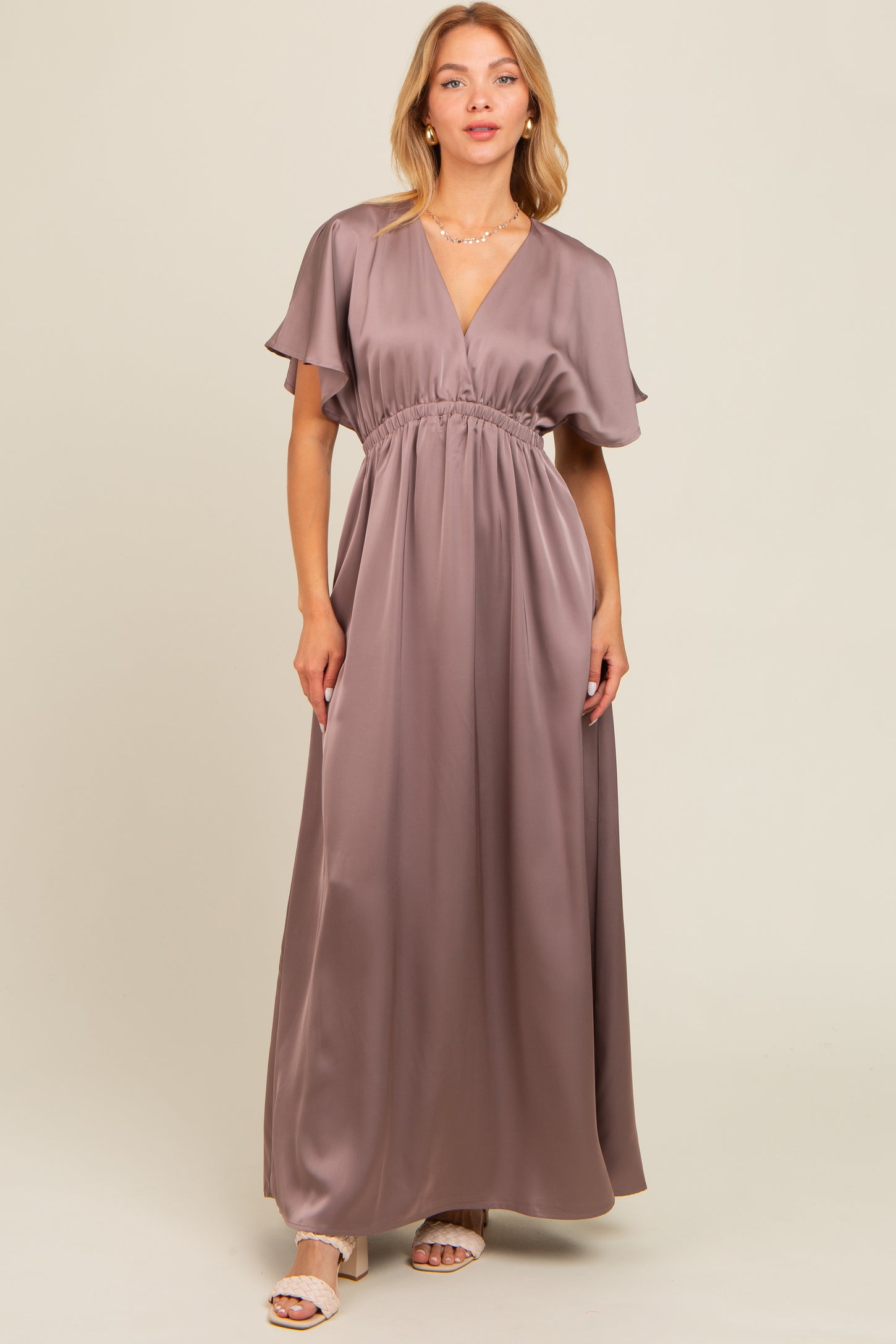 Mauve Satin V-Neck Flutter Short Sleeve Maxi Dress PinkBlush Mauve Satin V-Neck Flutter Short Sleeve Maxi Dress PinkBlush