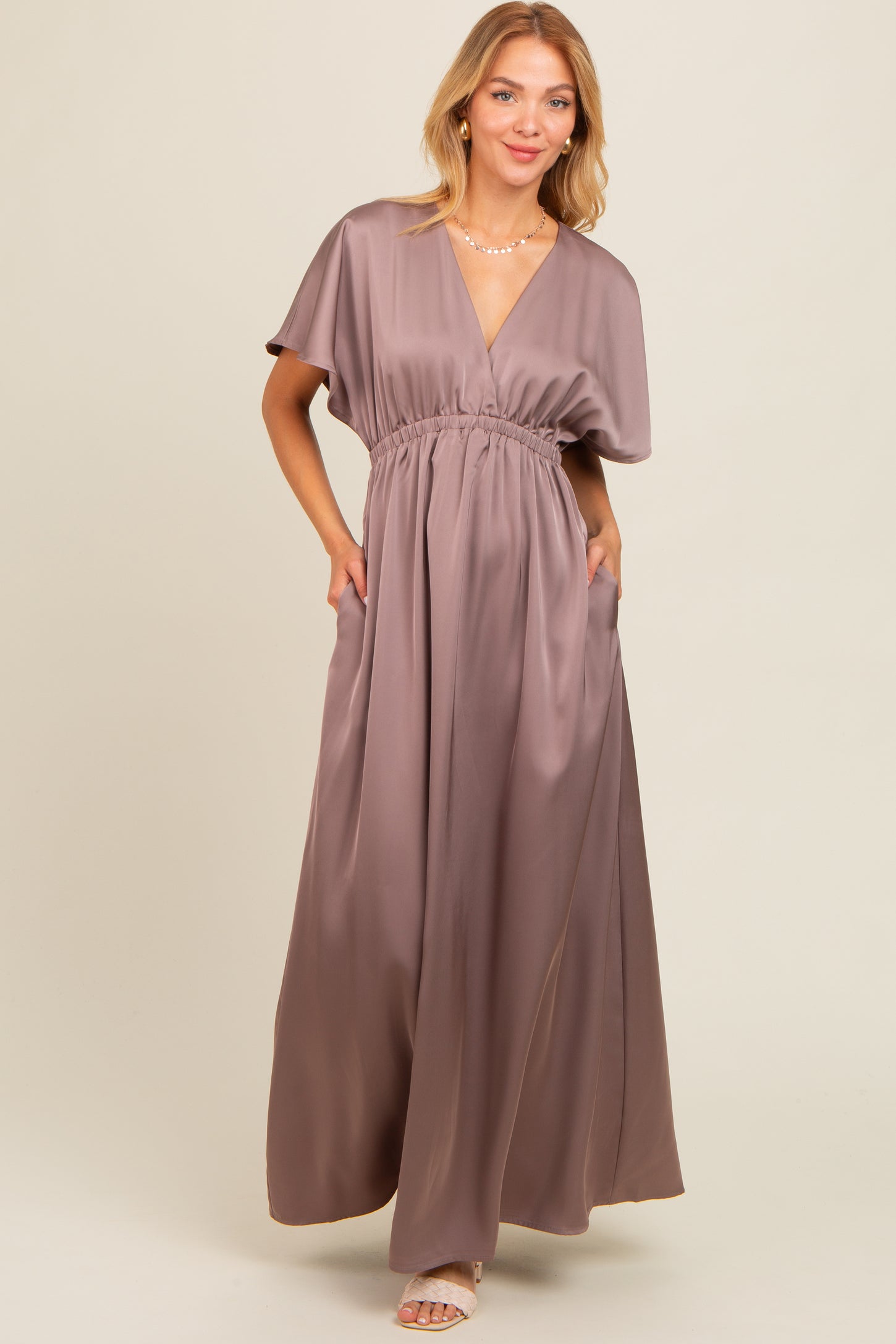 Mauve Satin V-Neck Flutter Short Sleeve Maxi Dress – PinkBlush Mauve Satin V-Neck Flutter Short Sleeve Maxi Dress – PinkBlush