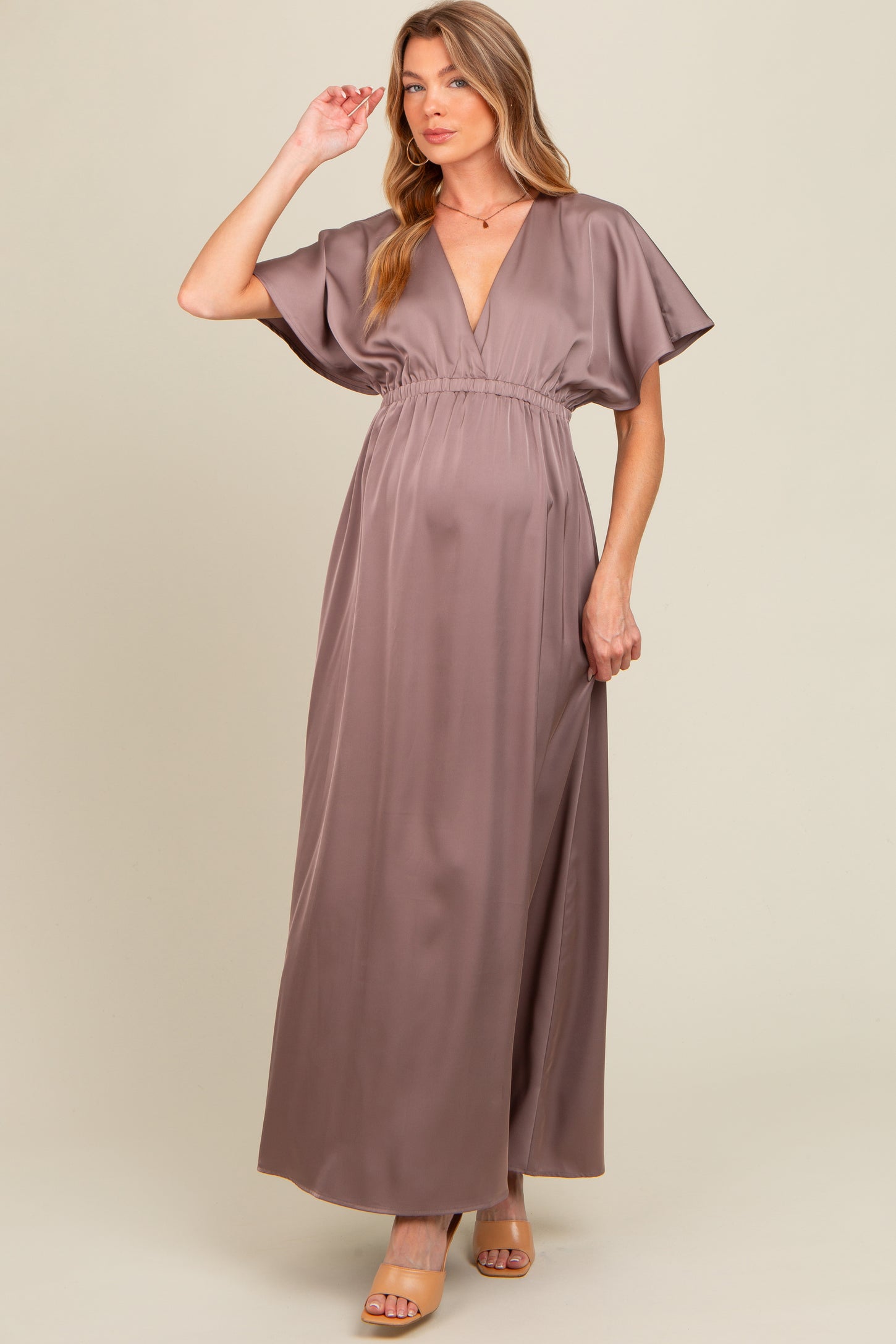 short sleeve maternity maxi dress Taupe Satin V-Neck Flutter Short Sleeve Maternity Maxi Dress PinkBlush