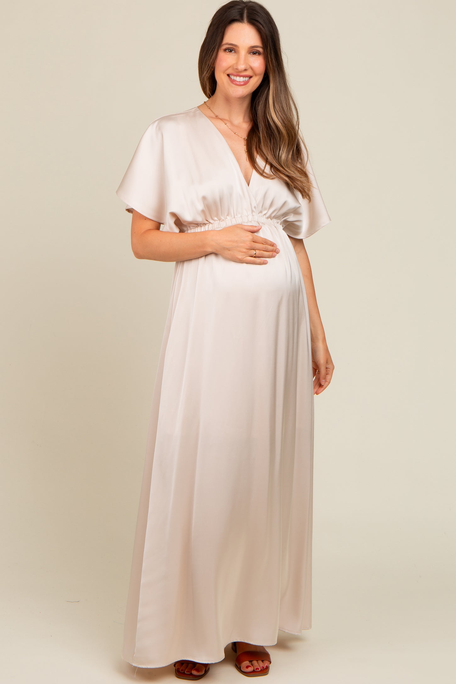 Cream Satin V-Neck Flutter Short Sleeve Maternity Maxi Dress PinkBlush Cream Satin V-Neck Flutter Short Sleeve Maternity Maxi Dress PinkBlush