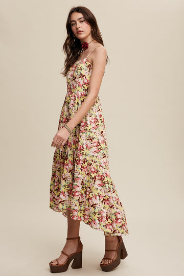 Yellow Floral Tiered Hi-Low Midi Dress