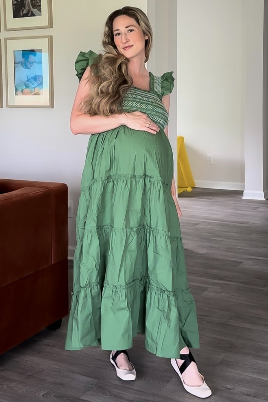 Green Embroidered Smocked Maternity Midi Dress