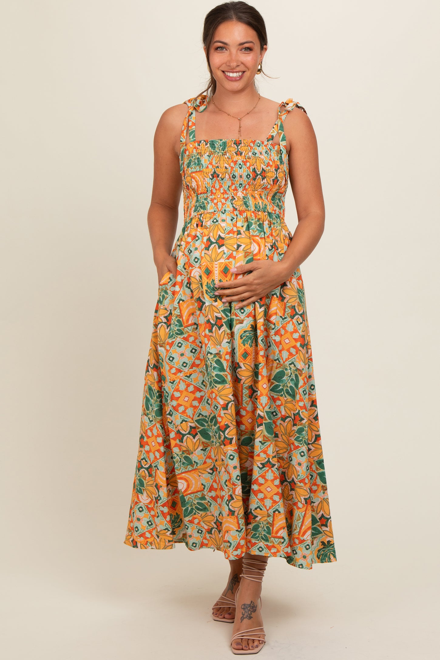 Yellow Floral Smocked Shoulder Tie Maternity Maxi Dress