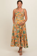Yellow Floral Smocked Shoulder Tie Maternity Maxi Dress