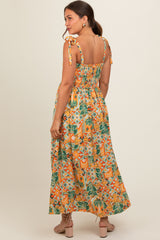 Yellow Floral Smocked Shoulder Tie Maternity Maxi Dress