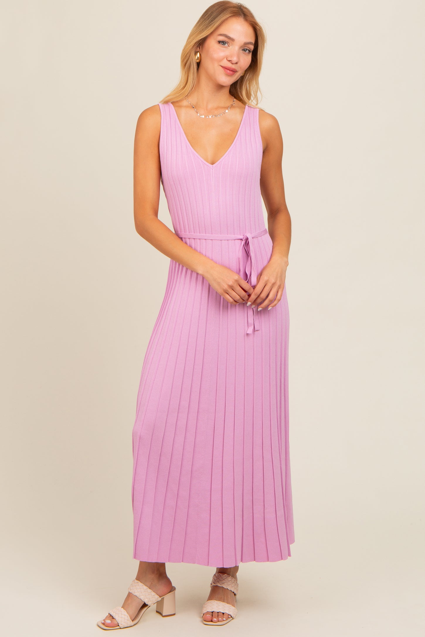Pink Pleated V-Neck Waist Tie Sweater Maxi Dress PinkBlush Pink Pleated V-Neck Waist Tie Sweater Maxi Dress PinkBlush