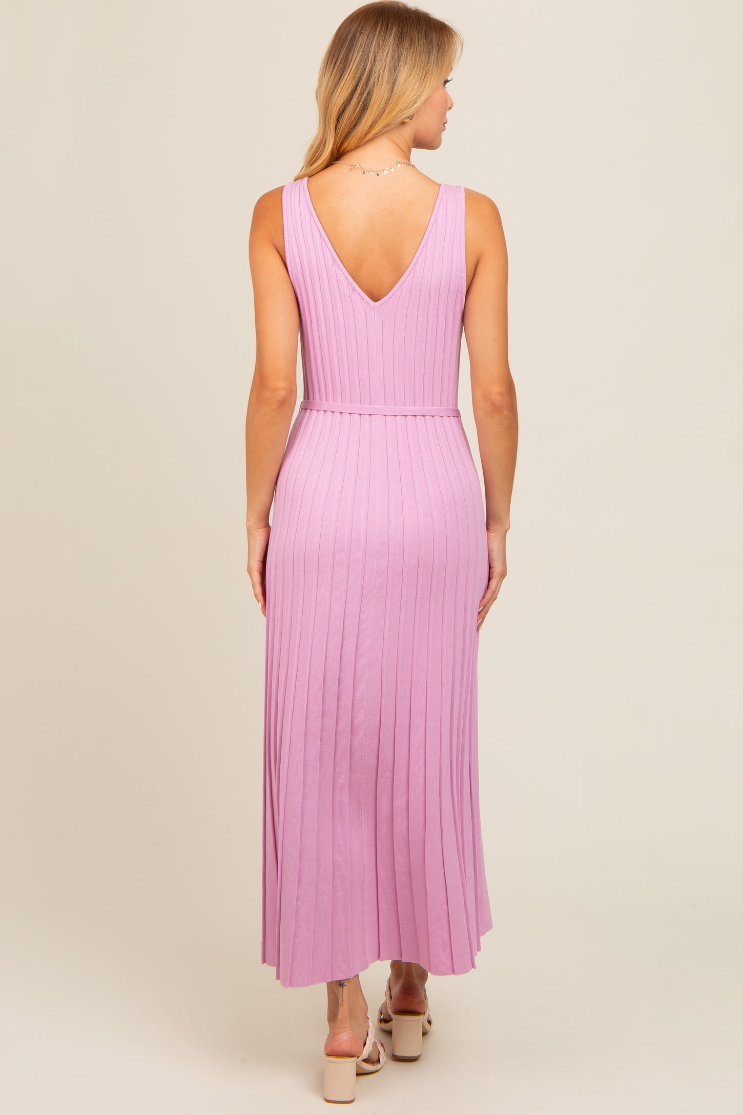 Pink Pleated V-Neck Waist Tie Sweater Maxi Dress PinkBlush Pink Pleated V-Neck Waist Tie Sweater Maxi Dress PinkBlush