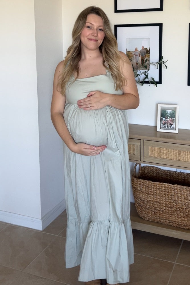 Light Olive Pinafore Cutout Tie Back Maternity Maxi Dress