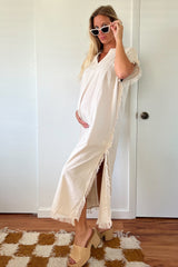 Cream Linen Fringe Accent Side Slit Maternity Midi Dress