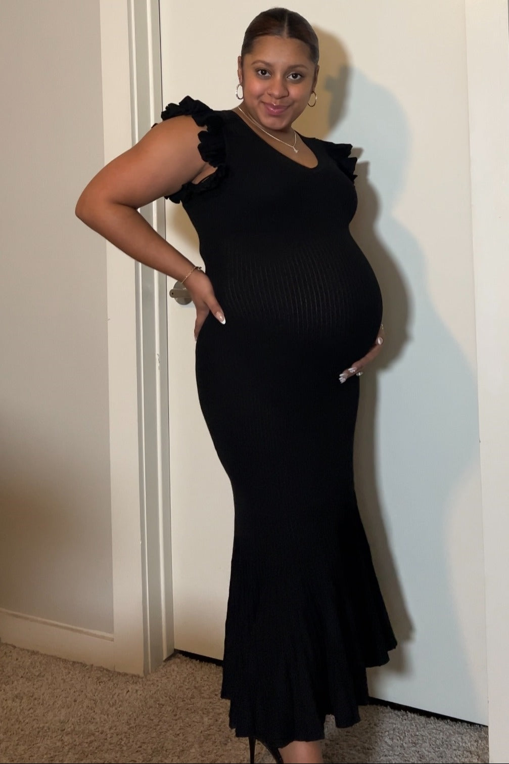 Black Ruffle Sleeve Mermaid Hem Maternity Midi Dress Black Ruffle Sleeve Mermaid Hem Maternity Midi Dress