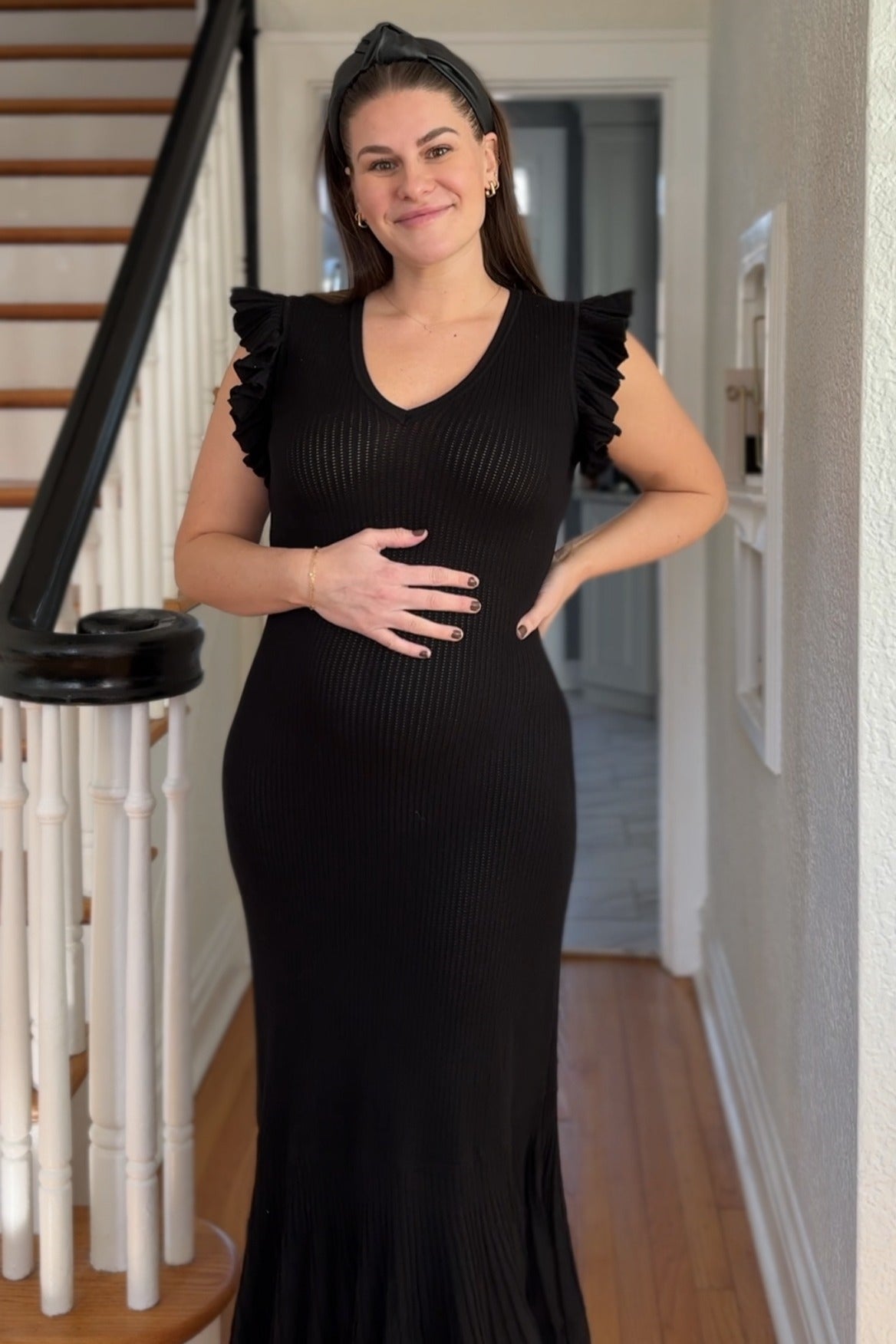 Black Ruffle Sleeve Mermaid Hem Maternity Midi Dress PinkBlush Black Ruffle Sleeve Mermaid Hem Maternity Midi Dress PinkBlush