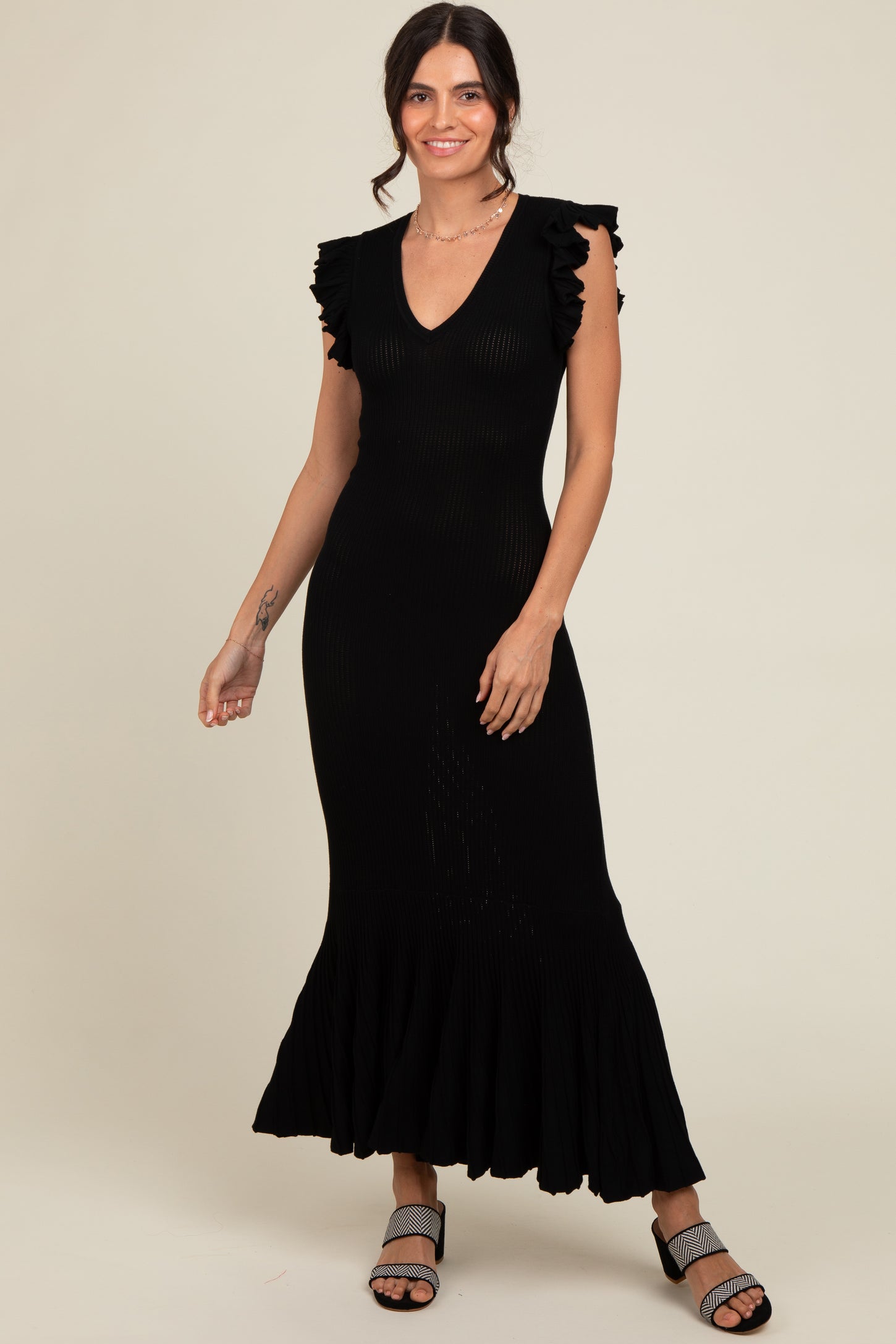 Black Ruffle Sleeve Mermaid Hem Maternity Midi Dress PinkBlush Black Ruffle Sleeve Mermaid Hem Maternity Midi Dress PinkBlush