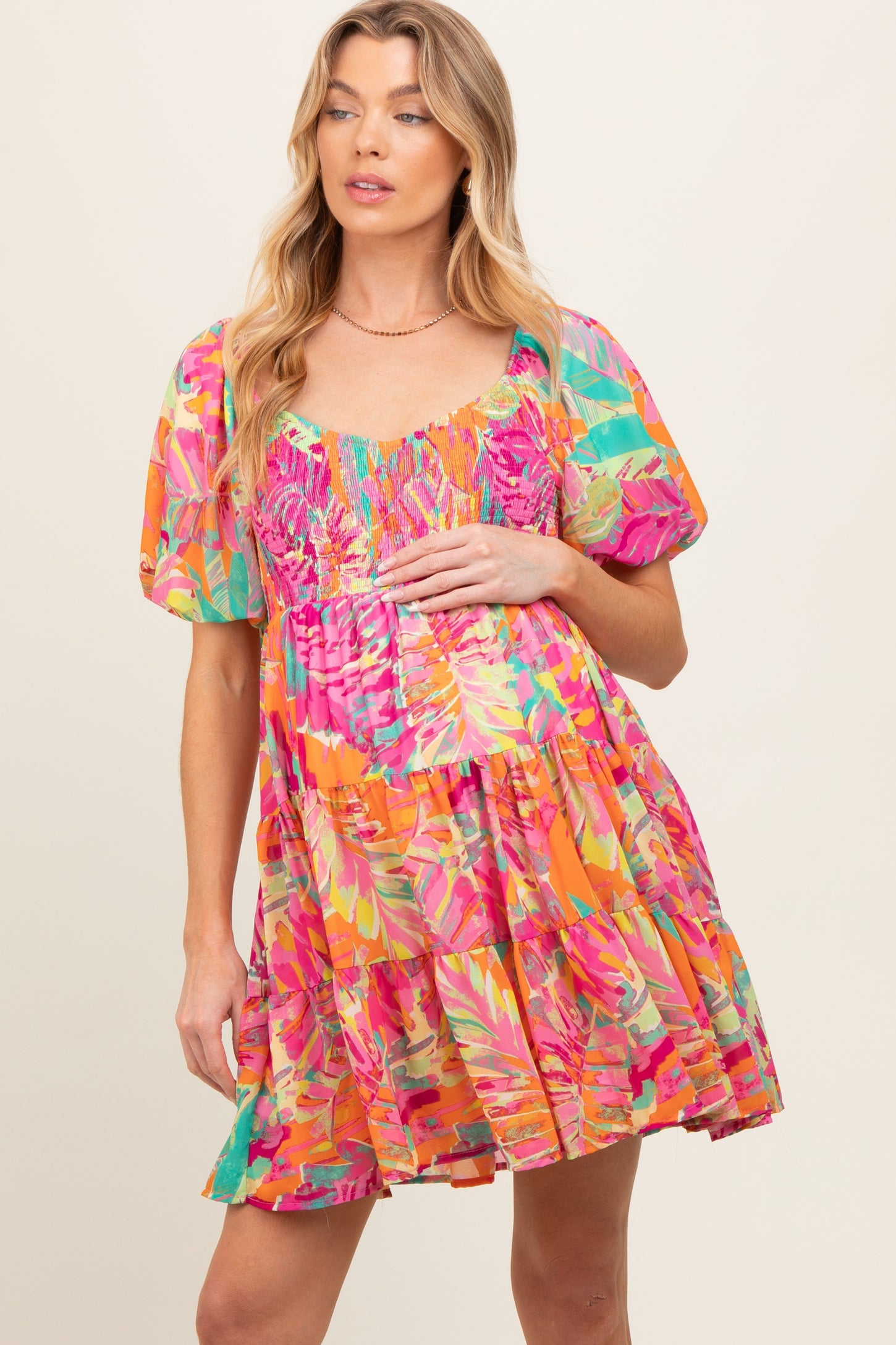 Fuchsia Printed Smocked Puff Sleeve Maternity Dress
