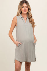 Light Olive Collared V Neck Maternity Dress