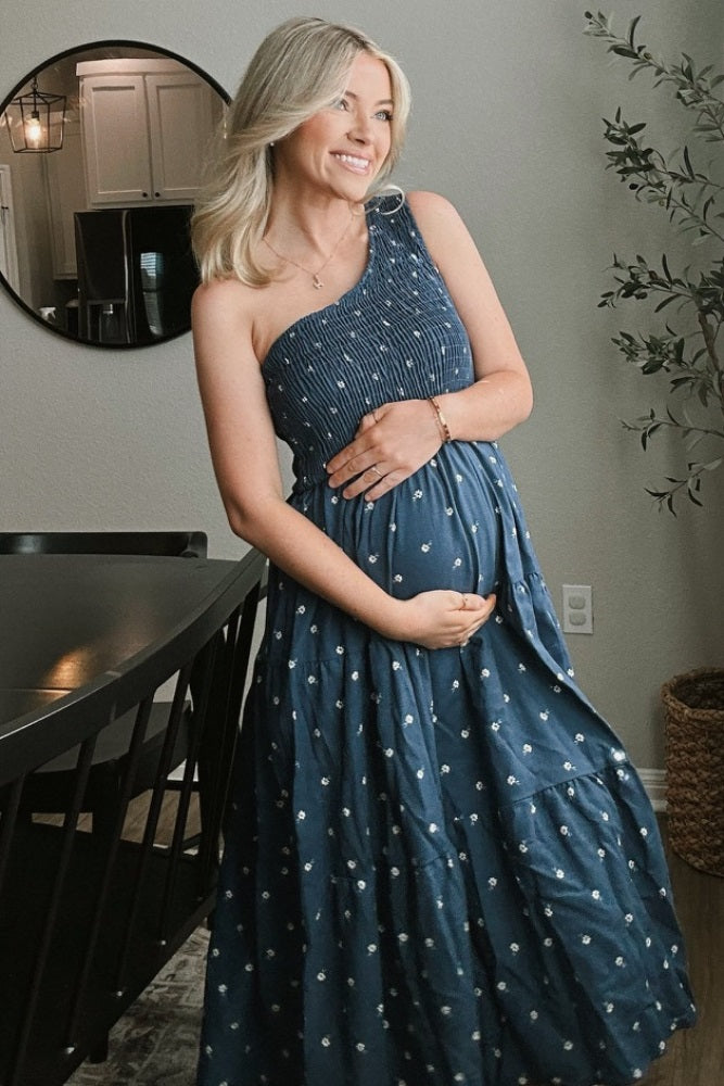 Navy Blue Floral Linen Smocked One Shoulder Tiered Maternity Midi Dress