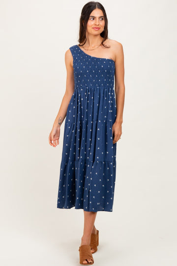 Navy Blue Floral Linen Smocked One Shoulder Tiered Midi Dress