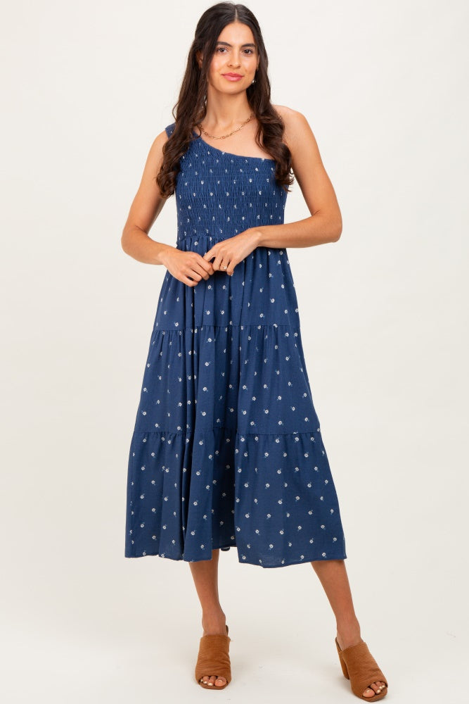 Navy Blue Floral Linen Smocked One Shoulder Tiered Maternity Midi Dress