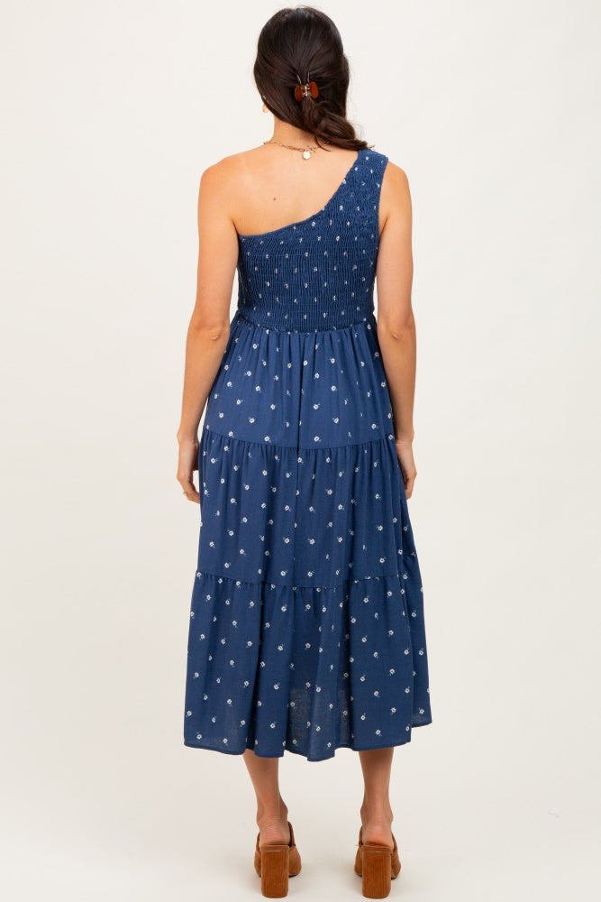 Navy Blue Floral Linen Smocked One Shoulder Tiered Midi Dress