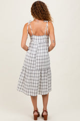 Ivory Plaid Shoulder Tie Midi Dress