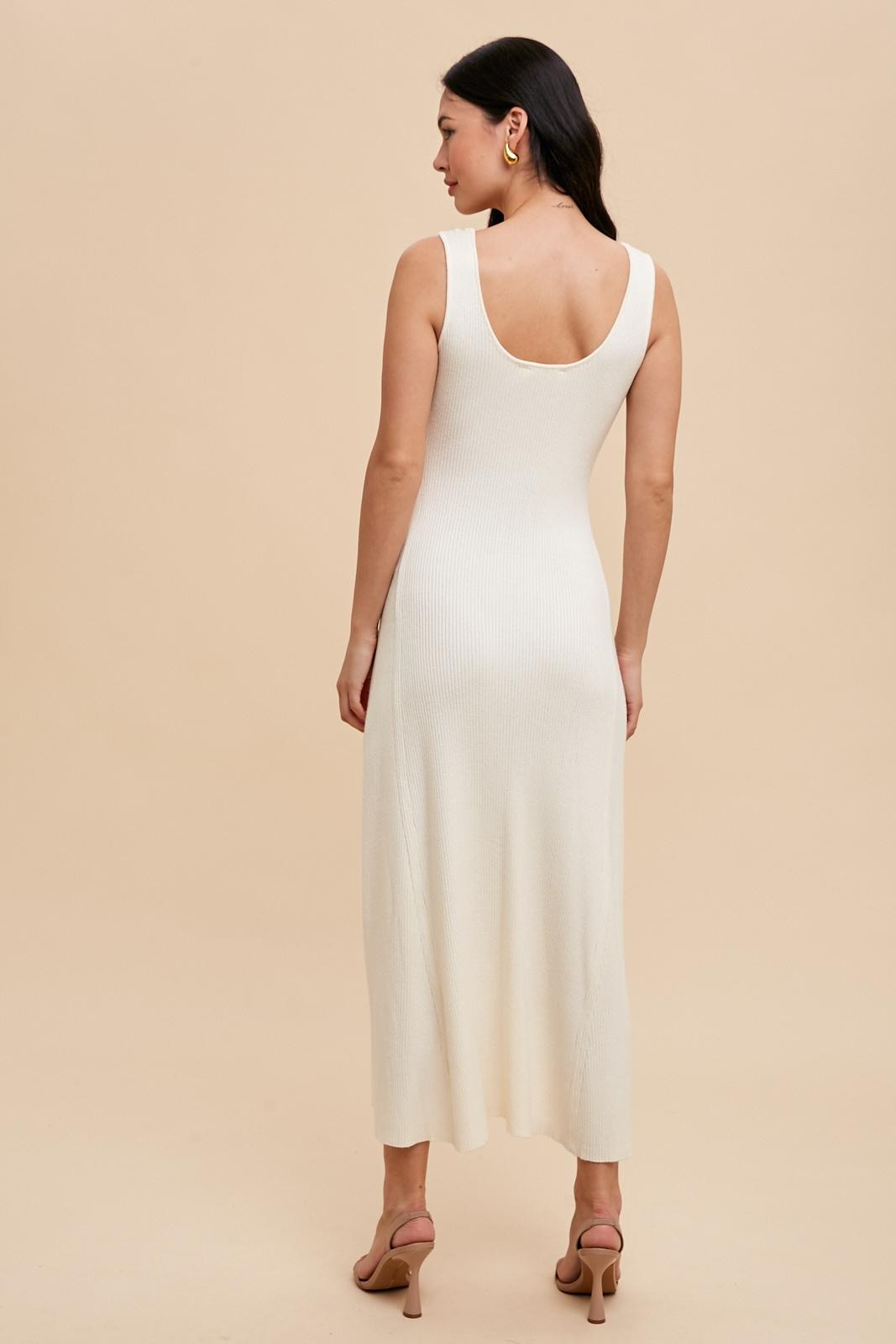 Cream Knit Deep V-Neck Maxi Dress