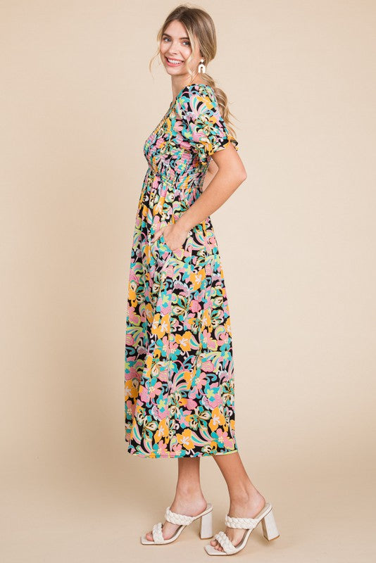 Black Floral Smocked Ruffle Short Sleeve Midi Dress – PinkBlush