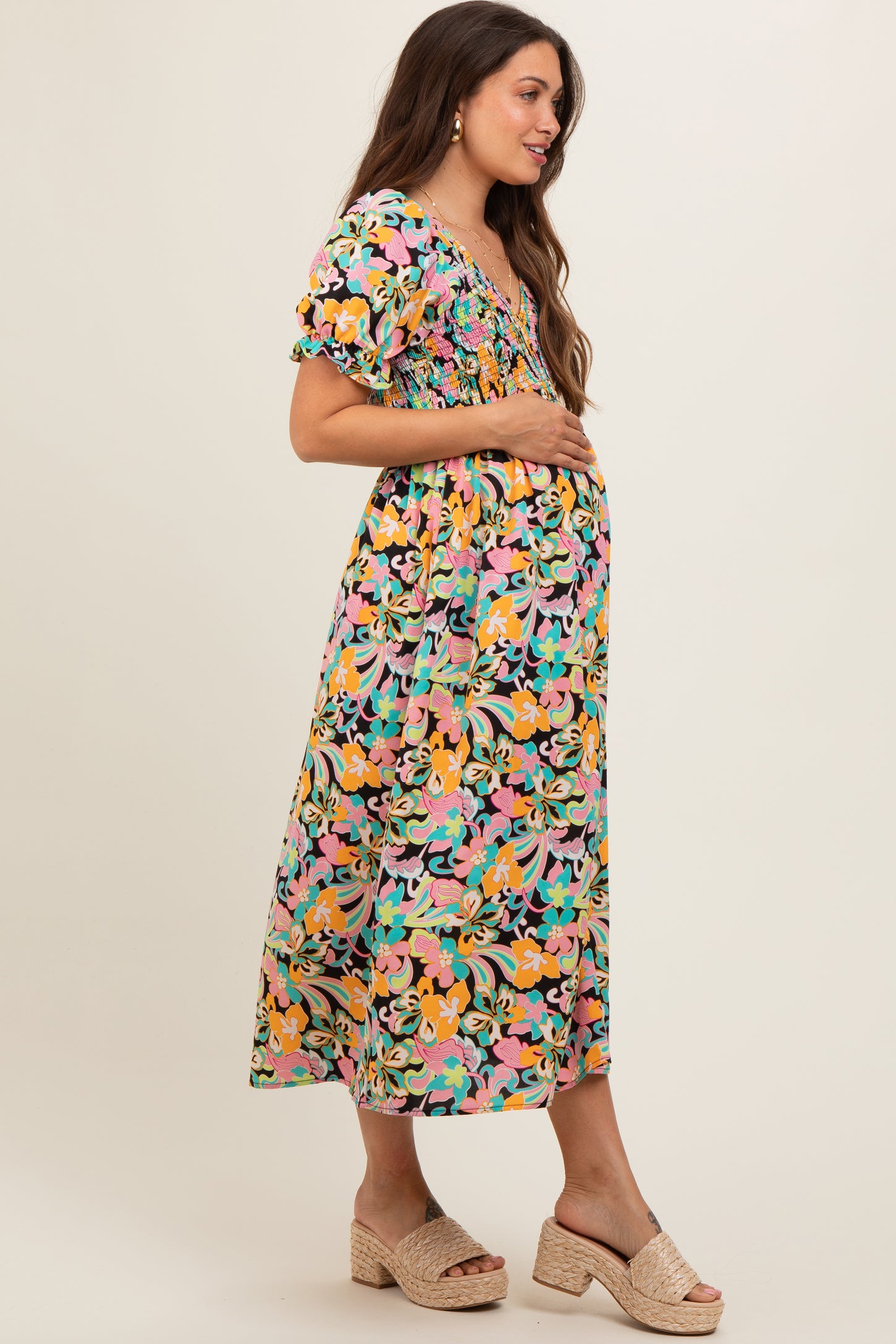 Black Floral Smocked Ruffle Short Sleeve Maternity Midi Dress – PinkBlush