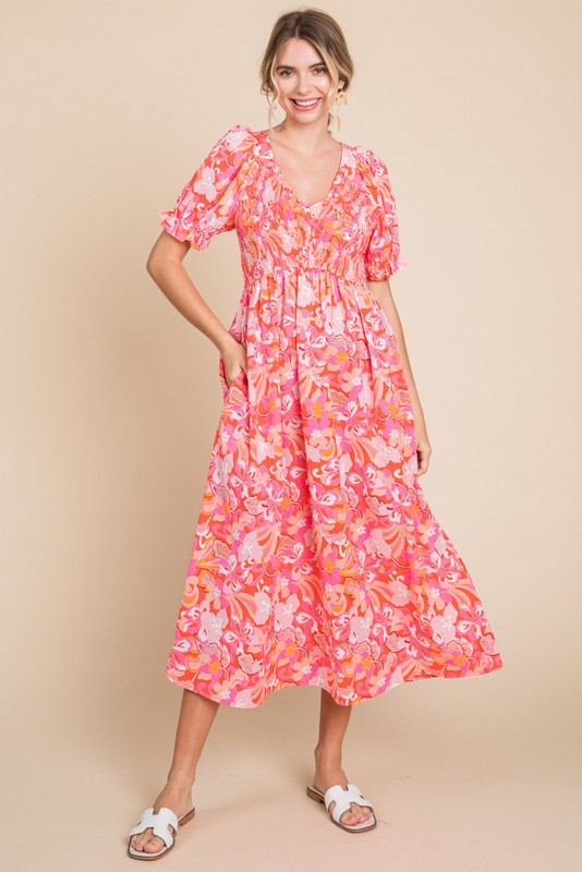 short sleeve ruffle midi dress Fuchsia Floral Smocked Ruffle Short Sleeve Midi Dress – PinkBlush