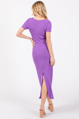 Purple Ribbed Fitted Midi Dress