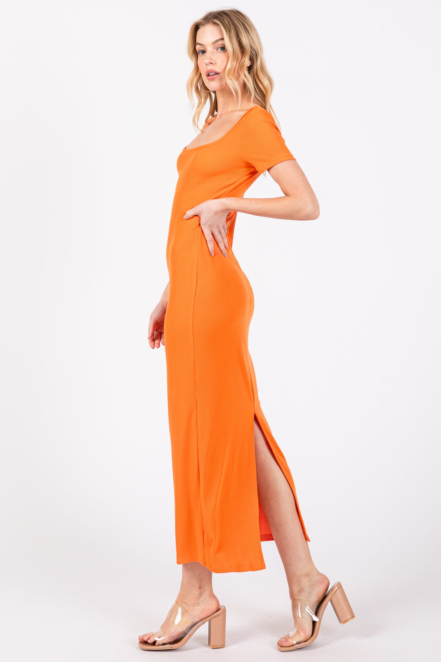 Orange Ribbed Fitted Midi Dress Orange Ribbed Fitted Midi Dress