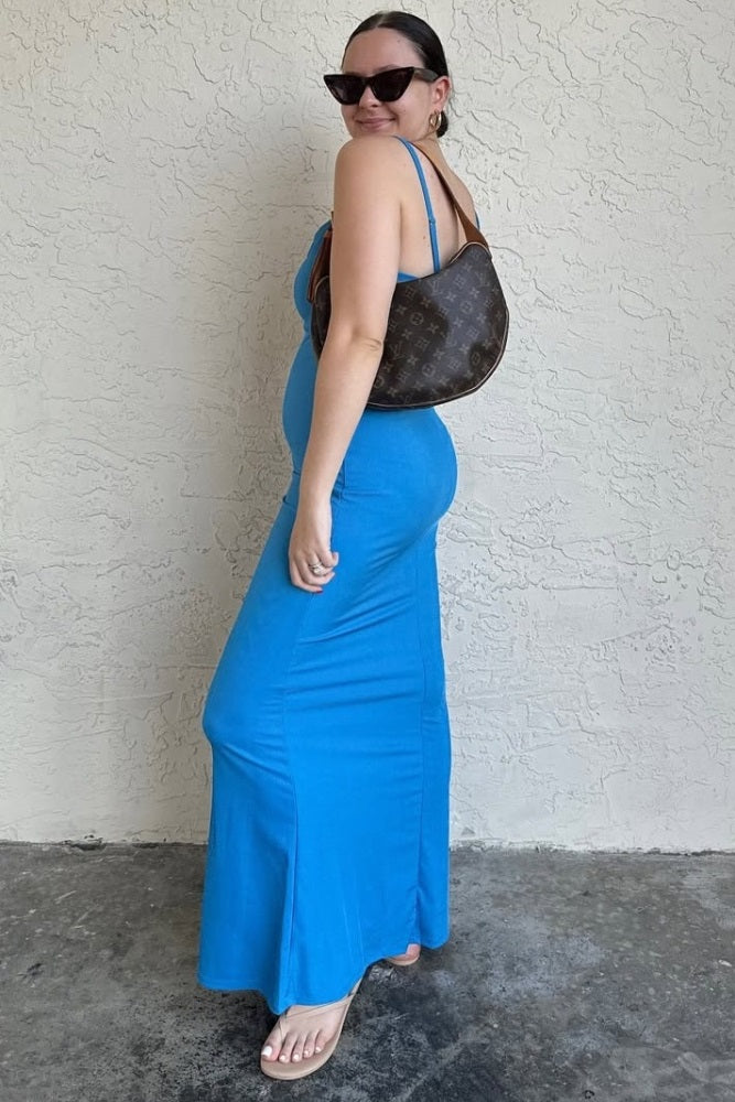 Aqua Ribbed Fitted Maternity Maxi Dress