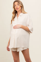 Beige Linen Blend Short Sleeve Maternity Short Set